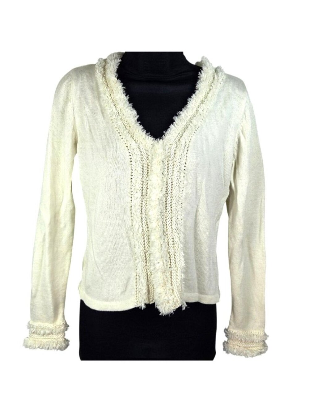 A Line Clothing Womens Ivory Knit Cardigan Sweater L With Fringe & Pearls